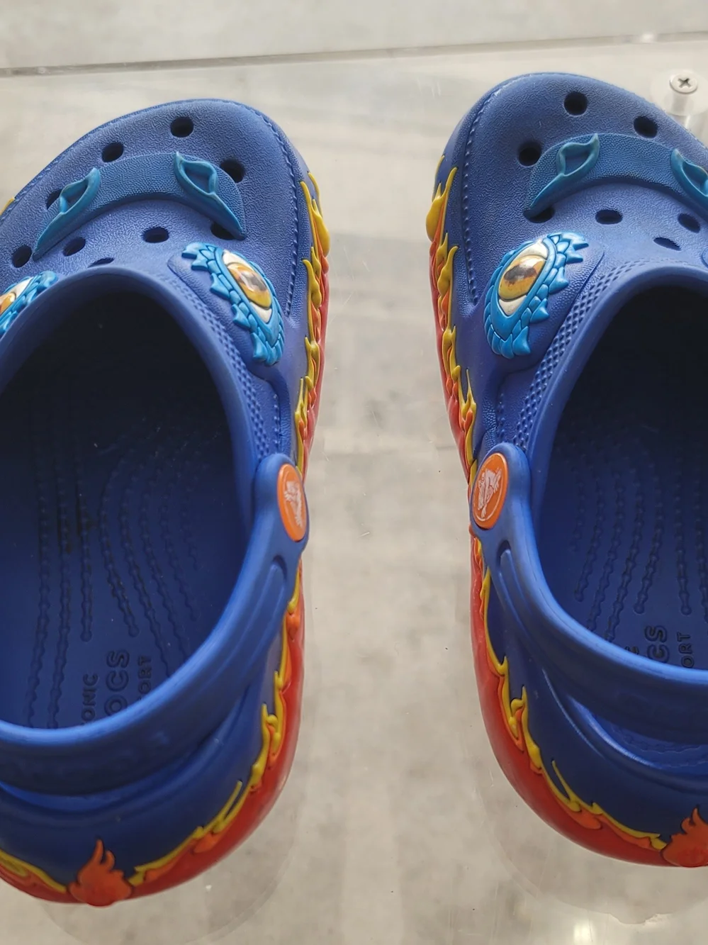 CROCS Kids Blue Dragon Clogs with Red/Yellow Flame Trim